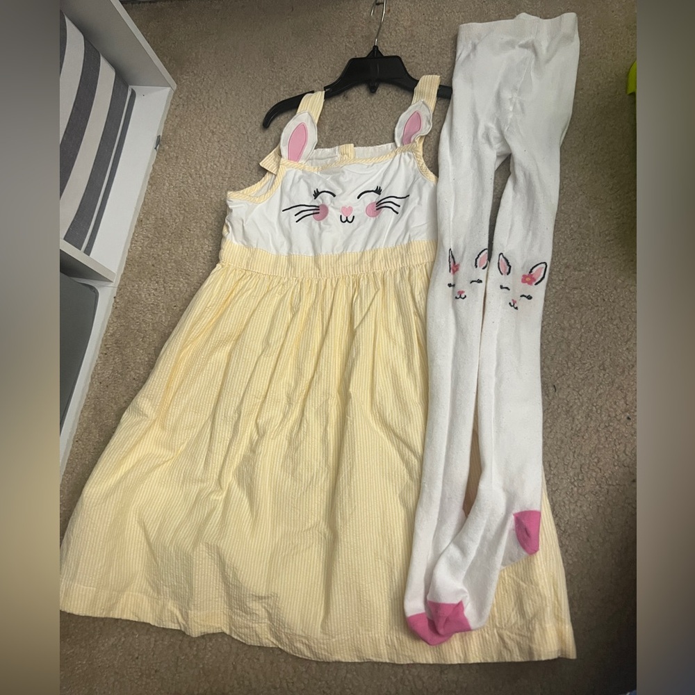Gymboree Yellow and White Bunny Dress with Tights